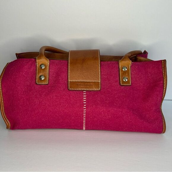 Kate Spade New York Shoulder Bag Pink Wool Brown Leather Trim Zip Top - Picture 5 of 12
